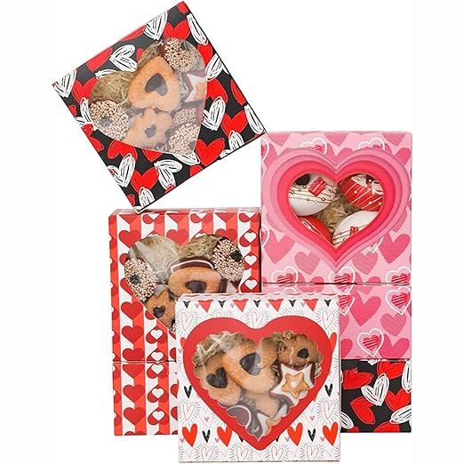 qiqee Valentine Bakery Box with Original Unique Design 60packs 6x6x3 Cookie Boxes Pastry Box for Valentine's Day