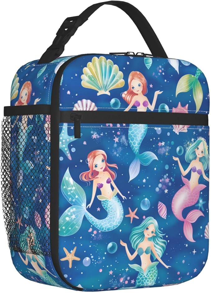 Reusable Mermaid Lunch Box for Kids Girls Boys Women Adult, Insulated Cute Seashell Lunch Bag,Polyester Cooler Ocean Handbags Case for School Picnic Work Travel Beach or Hiking (Blue)