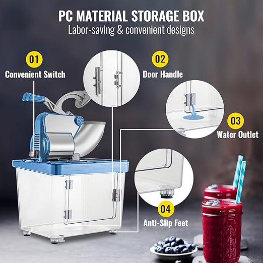 VEVOR 110V Commercial Ice Crusher 661LBS/H, ETL Approved 300W Electric Snow Cone Machine with Dual Blades, Stainless Steel Shaved Ice Machine with Safety On/Off Switch for Family, Restaurants, Bars