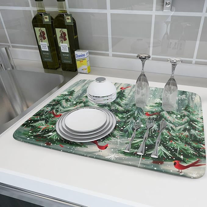 Winter Pine Tree Dish Drying Mat Red Bird Berry Dishes Drainer Mats Absorbent Microfiber Kitchen Counter Protector Drying Mats 18x24 Inch