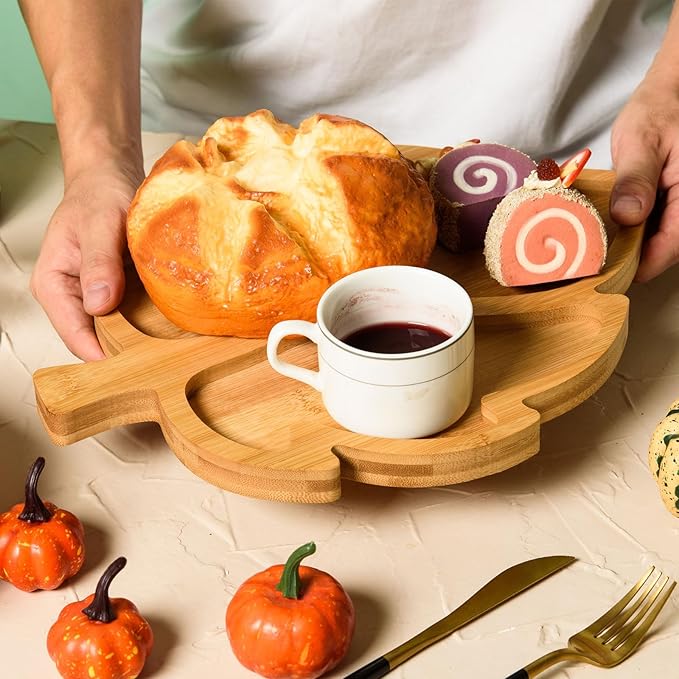 AWIZOM Leaf Wooden Serving Platter Thanksgiving Bamboo Serving Tray Wooden Snack Cheese Charcuterie Board Sectional Wood Fall Leaf Dish Plate for Fall Autumn Harvest Party Supply,11.02x14.56x0.79