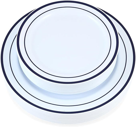 60 Pieces White Plastic Disposable Plates - Premium Heavy-Duty 30 Dinner Plates & 30 Salad Plates with Navy Rim Ideal for Party, Birthday and Special Events