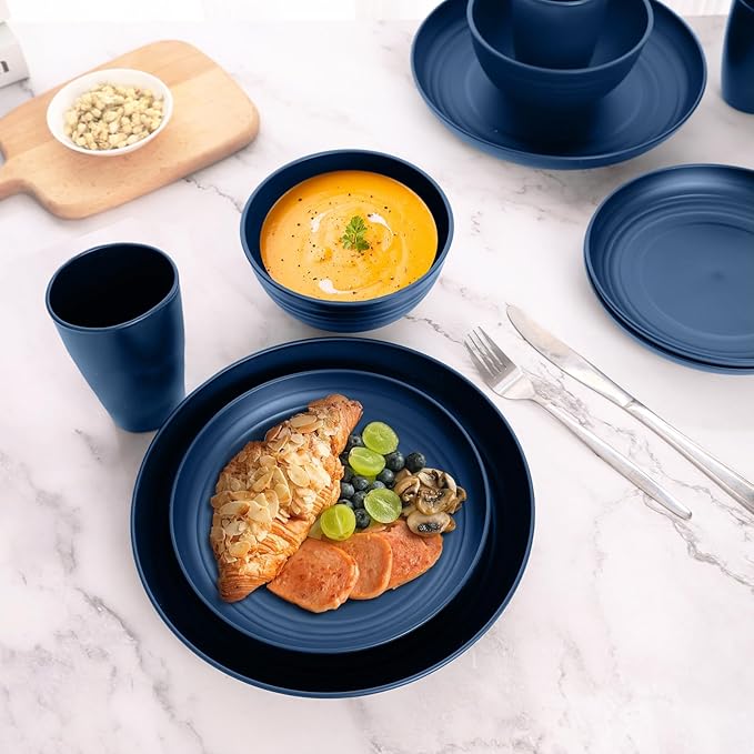 Blue Dinnerware Sets for 8,Blue Plates and Bowls Sets Plastic,Wheat Straw Dinnerware Sets Unbreakable Microwave Safe Lightweight,32 Pcs Dishes Set for 4th of july Apartment Essentials Dorm