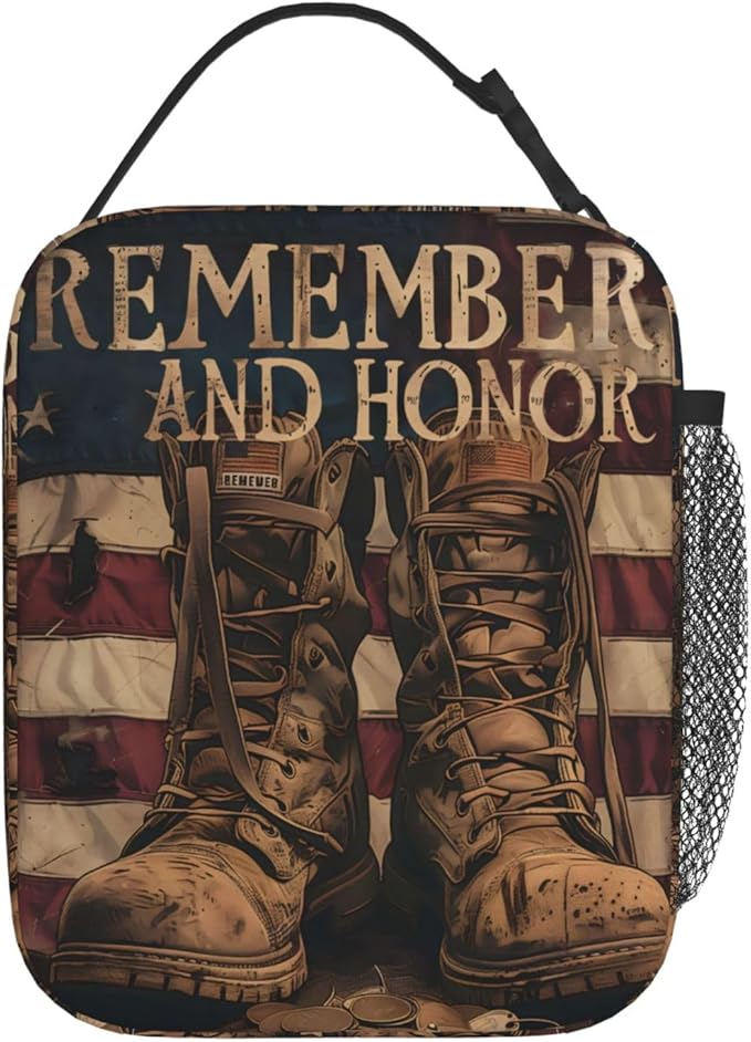 Vintage Military Boots Lunch Box for Women Men, Insulated Lunch Box, Reusable Lunch Bag for Office, Work, Picnic, Travel, American Flag Remember and Honor Military Tribute