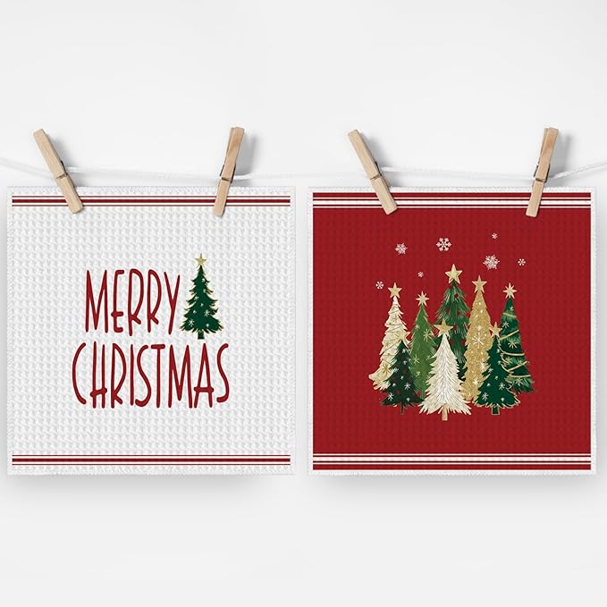 Artoid Mode Red Star Xmas Tree Merry Christmas Kitchen Dish Cloths, 12x12 Inch Quick Dry Microfiber Dishcloths for Kitchen Dish Rags Set of 2
