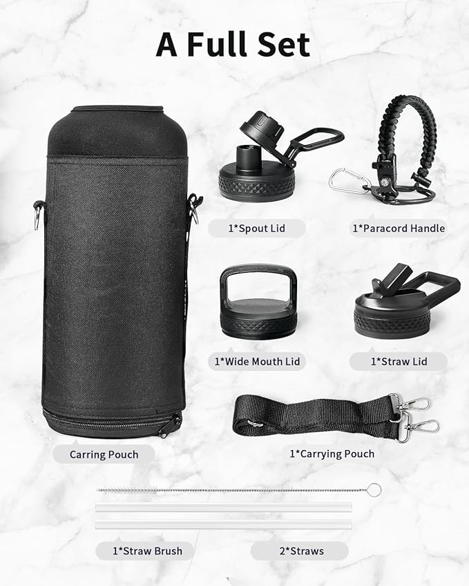 Trebo Water Bottle 87 oz with Paracord Handle, Double Wall Vacuum Stainless Steel Insulated Water Jug (Keep Cold 48hrs),Leakproof Flask For Hot Drinks with Straw Spout Lids, Black