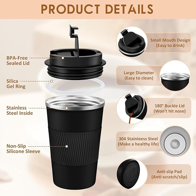 KETIEE Travel Mug 12oz, Vacuum Insulated Coffee Mug with Leakproof Lid, Travel Coffee Tumbler Stainless Steel Double Walled Reusable Coffee Cup for Hot and Iced Coffee Tea Water (Black)