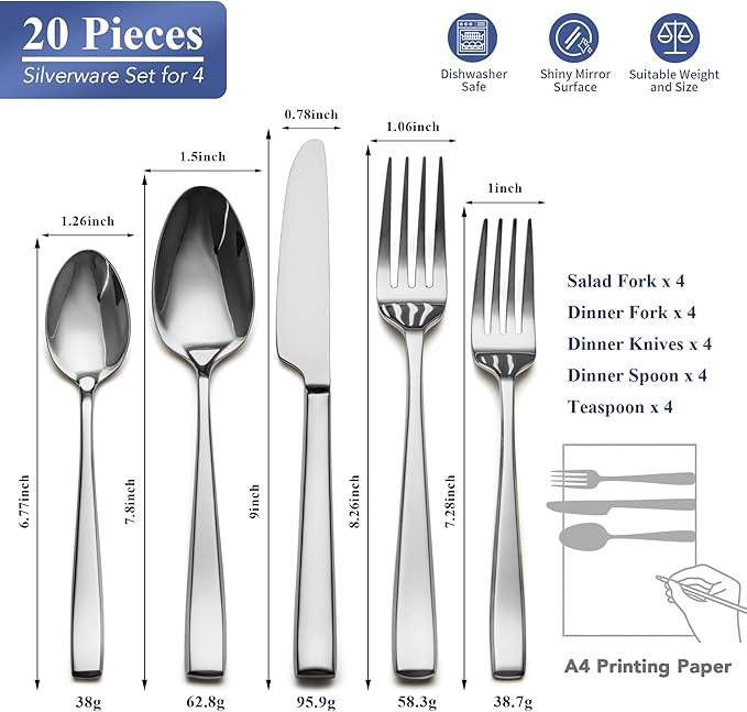 20 Piece Silverware Set for 4, EIUBUIE Premium Stainless Steel Cutlery Set, Mirror Polished Flatware Sets Heavy Duty and Solid, Modern Kitchen Eating Utensils Sets Include Spoons Forks Knives