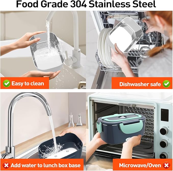 APSARAS Electric Lunch Box 60-80W Food Heater, 3in1 Ultra Quick Heated Lunch Boxes for Adults, 12V/24V/110V Portable Food Warmer for Car/Truck/Office With SS Fork Spoon and Insulated Carry Bag(green)