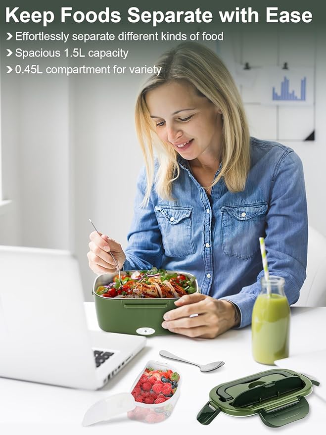 80W Electric Lunch Box for Adults, 1.5L Stainless Steel Food Warmer Lunchbox, 12V/24V/110V Portable Heated Lunch Box for Car/Truck/Office, Leak-Proof, Dishwasher-Safe with Insulated Bag(Green)