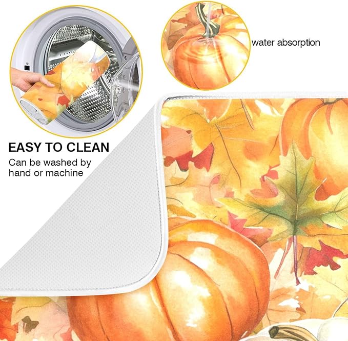 Watercolor Pumpkins Autumn Leaves Dish Drying Mat for Kitchen Counter Super Absorbent Dishes Pad Reversible Microfiber Protector Dish Draining Mats 18x24 inch