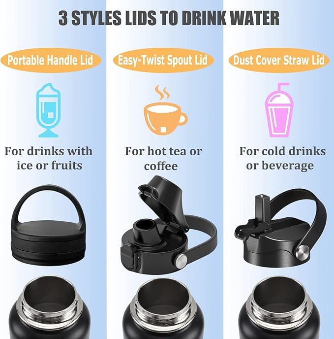 Water Bottle Insulated 32oz 40oz 64oz 128oz Straw Lid Spout Lid & 3 Lids, Leak Proof, Vacuum Insulated,Stainless Steel Water Bottle Wide Mouth for Sports, Gym or Office