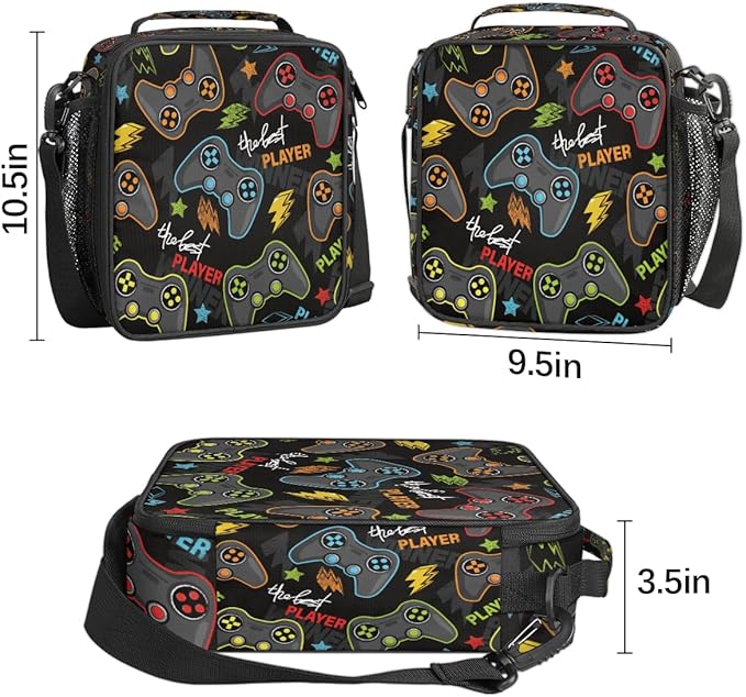 Abstract Joystick Game Lunch Bag Box for Kids Boys Girls Black Insulated Lunch Tote Bag with Adjustable Shoulder Strap Reusable Waterproof Thermal Cooler Bag for School Work Picnic Women Men