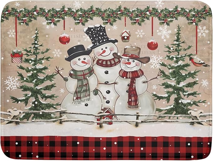 Winter Snowman Dish Drying Mat 18x24 Inch Red Buffalo Plaid Holiday Dish Drainer Mat Absorbent Dish Rack Pad for Kitchen Counter Sink Decor