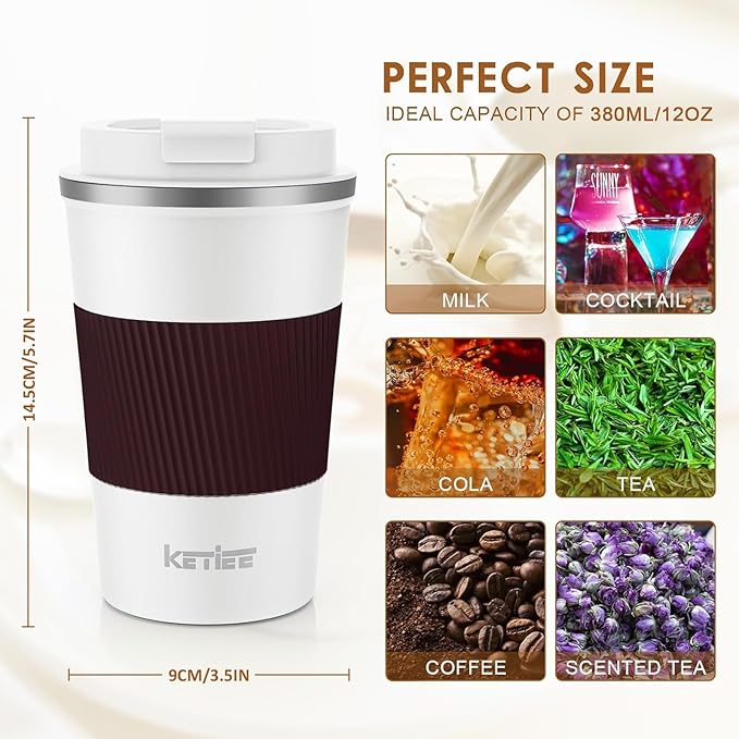KETIEE Travel Coffee Mug 12oz: Reusable Insulated Coffee Cup with Leakproof Lid, Travel Tumbler, Vacuum Stainless Steel Coffee Mug to Go for Hot/Ice Coffee Tea (White)