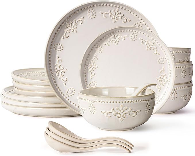 Artena Plates And Bowls Sets, 16 Pieces Dinnerware Sets, Dish Set For 4, Ceramic Kitchen Bowl And Plate Set, Embossed White Dishware Sets, Dishwasher & Microwave Safe (Damask Floral)