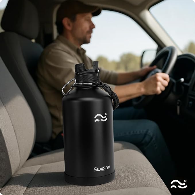 [2-IN-1 LID] Gallon Insulated Water Bottle with Silicone Boot (48hrs Cold/24hrs Hot) - DIY Stickers, Leakproof, BPA Free, 128 oz