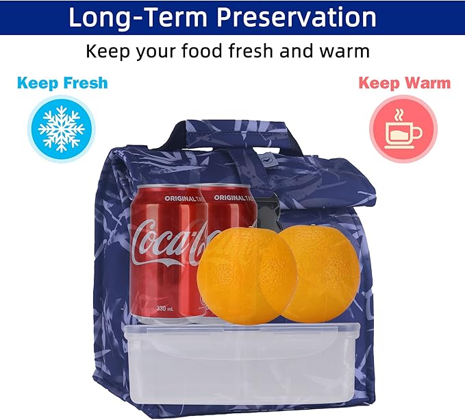 SUNNY BIRD Insulated Lunch Bag Rolltop Lunch Box Tote Bag for Women, Men, Adults and Teens (Blue Bamboo)