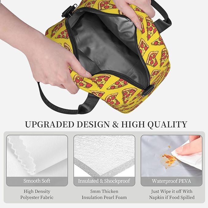 Pizza Reusable Insulated Lunch Box Waterproof Lunch Bag with Detachable and Adjustable Shoulder Strap for Office Picnic or Travel