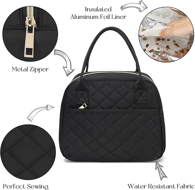 CAMTOP Lunch Box for Women Insulated Lunch Bag Lunchbox Cooler Thermal Leakproof Quilted Reusable Lunch Tote Bag for Work School Travel Picnic (Black)