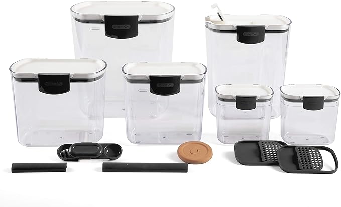Progressive ProKeeper Baker's Airtight Kitchen Storage Canister Container Set for Flour, Sugar & More, Keeps Ingredients Fresh, with Accessories (Black Latches, 6- Piece)