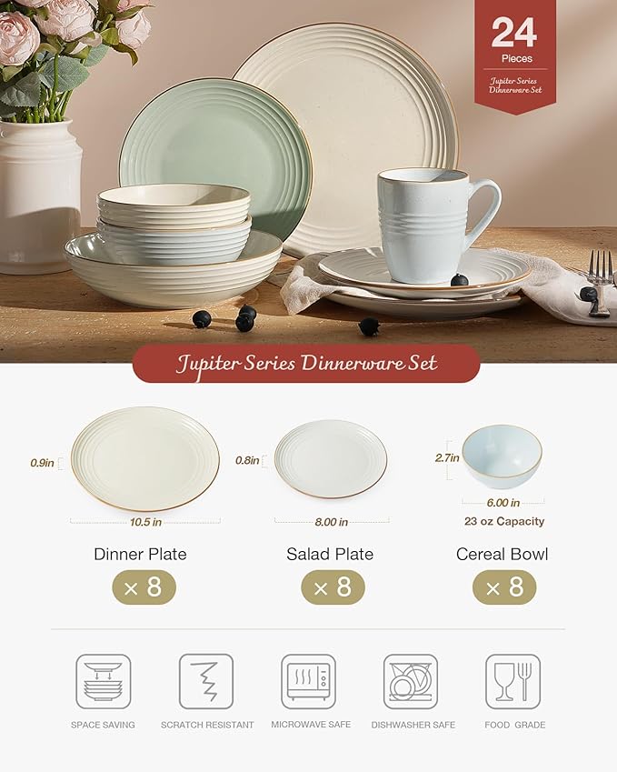 Famiware Jupiter Dinnerware Set, Plates and Bowls Dish Sets for 8 (24 Pieces), Microwave and Dishwasher Safe Stoneware Speckled Tableware, Chip and Scratch Resistant, Multi-color