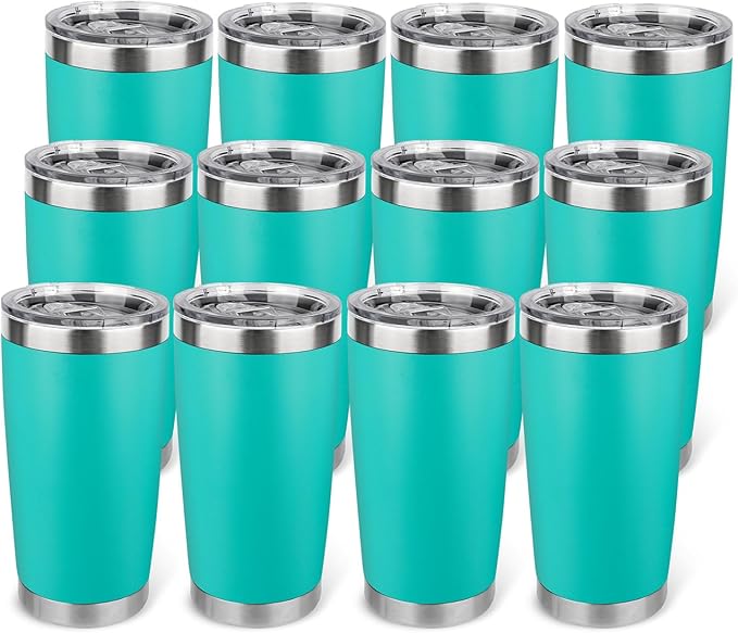 20oz Stainless Steel Tumbler Bulk with Lid, Travel Mug - Double Wall Vacuum Powder Coated Cup - Light Green, 12 Pack