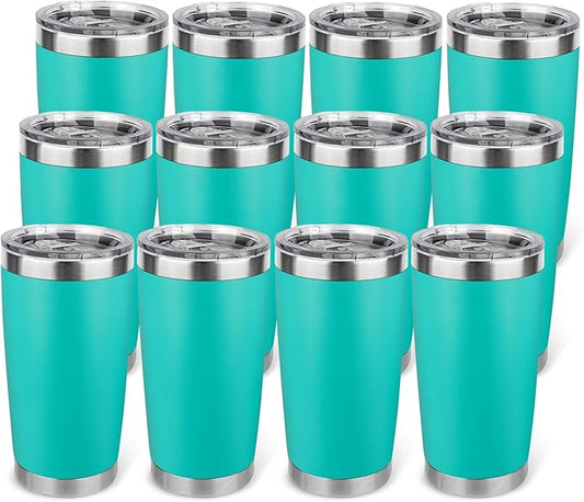20oz Stainless Steel Tumbler Bulk with Lid, Travel Mug - Double Wall Vacuum Powder Coated Cup - Light Green, 12 Pack