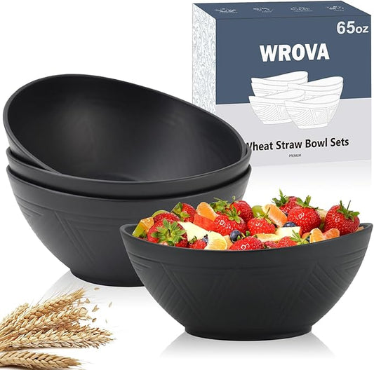 Wrova 65oz Large Salad Bowls Black - Wheat Straw Salad bowls Set of 4 - Unbreakable Salad Bowls Dishware & Microwave Safe - BPA Free Bowls for kitchen,camping