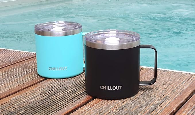 CHILLOUT LIFE Stainless Steel 16 oz Vacuum Insulated Coffee Mug with Handle and Lid, Large Thermal Camping Coffee Mugs with Sliding Lid for Men & Women - Keeps your Beverages Hot/Cold, 2 Pack