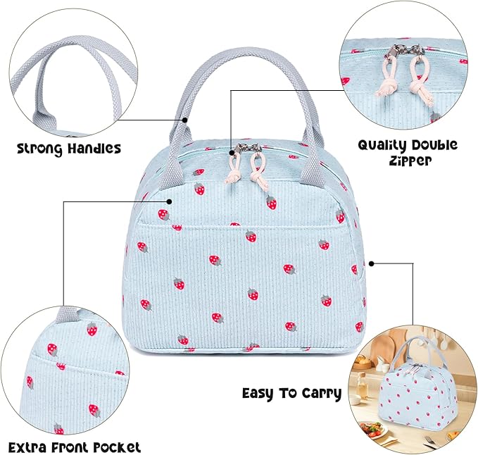 Bluboon Lunch Bag for Women Men Cute Corduroy Lunch Tote Bags Reusable Insulated Lunch Box Large Capacity Reusable Insulated Cooler for Work Picnic or Travel