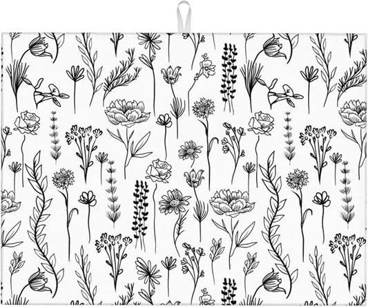 Black and White Floal Kitchen Dish Drying Mat for Counter, Aesthetics Dish Draining Mat Microfiber Absorbent Reusable Washable Extra Large 18"x24" (black and white floral, 18"x24")