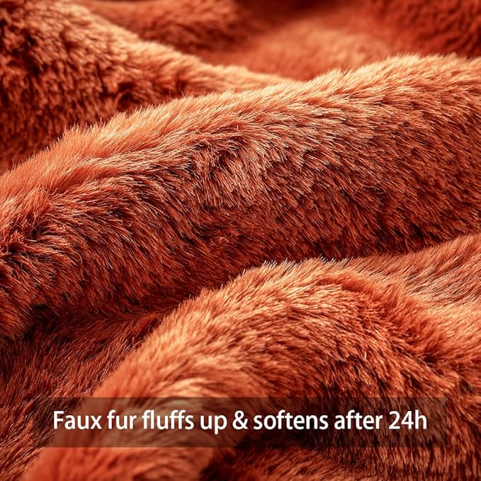 4TH Emotion Fall Pumpkins Decorative Pillow Covers 16x16 Set of 2, Dark Rust Red Soft Plush Faux Fur Wool Farmhouse Throw Cushion Cases for Autumn Thanksgiving Holiday Home Decorations