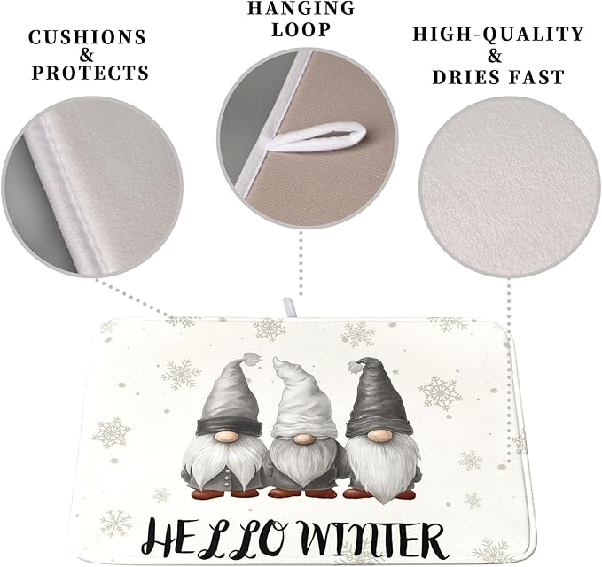 Winter Gnome Dish Drying Mat for Kitchen Counter 18x24 Christmas Snowflakes Santa Kitchen Drying Mat Hello Winter Dish Drainer Mat Super Absorbent Dish Rack Mat for Coffee Bar Countertop