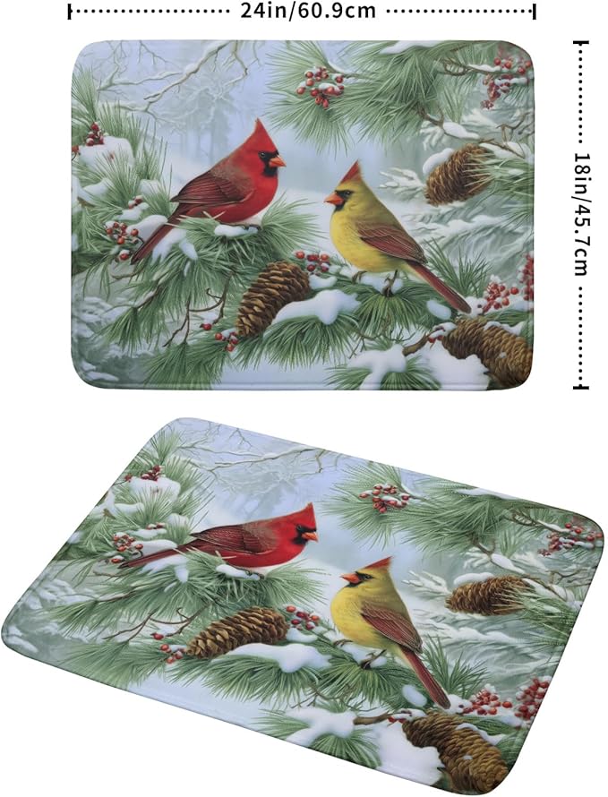 Winter Dish Drying Mat for Kitchen Counter Cardinal Birds Pine Trees Festival Microfiber Absorbent Dish Draining Reusable Washable Foldable Extra Large 18"x24"