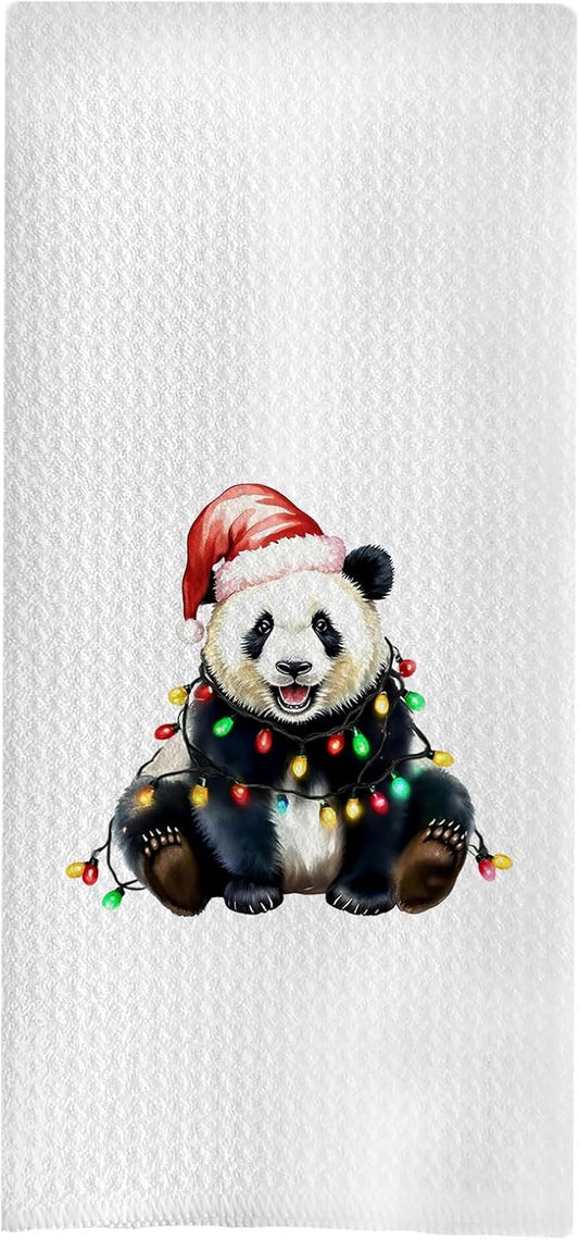 Christmas Panda Kitchen Towels, Panda Lover Gifts Dish Tea Towels for Kitchen, Holiday Xmas Light Santa Hat Pandas Decorative Hand Towel for Bathroom, 16x24 Inch