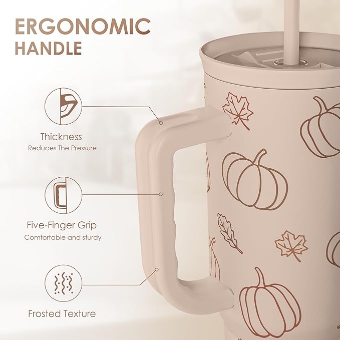 Pumpkin Tumbler with Handle and Straw 40oz – Stainless Sleel Slider Tumbler Travel Coffee Mug for Women - Gift Idea for Fall Autumn Halloween