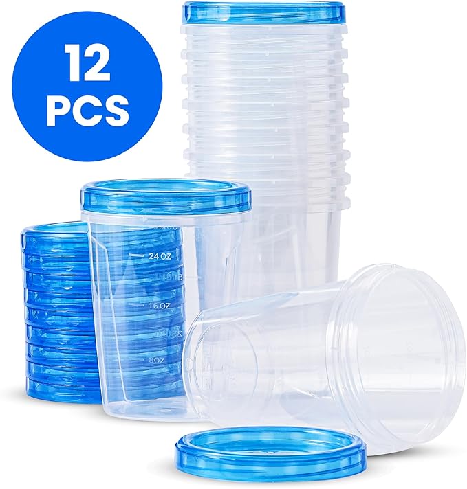 RFAQK 24 PCS Freezer Storage Containers with Lids-12 Plastic 32 oz Deli Containers with 12 Screw Lids-Freezer Containers for Soup with Twist Top Lids-Reusable Plastic Box for Lunch, Gym, Travel