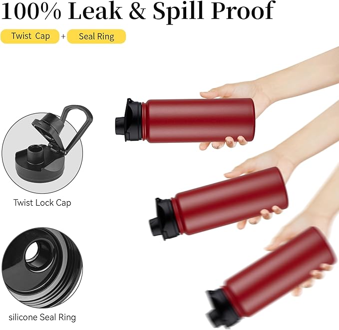 24 oz Insulated Water Bottle with Straw Lid & Wide Mouth Lids, Stainless Steel Sports Water Bottles, Double Walled Vacuum, Leak Proof, Red