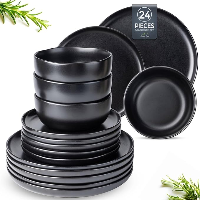 AmorArc Ceramic Dinnerware Sets, Wavy Rim Stoneware Plates and Bowls Sets, Highly Chip and Crack Resistant | Dishwasher & Microwave & Oven Safe Dishes set, Service for 8 (24pc)