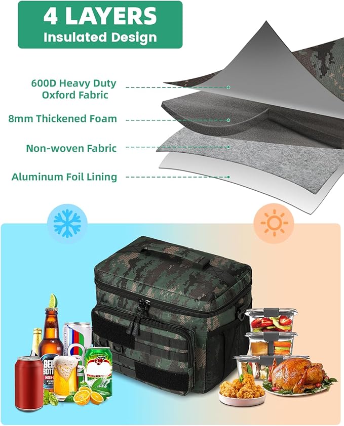 Tactical Lunch Box, 13L Large Insulated Lunch Bag MOLLE Webbing Leakproof Thermal Cooler with Shoulder Strap Lunch Pail for Adult Men Women Office Work Camping Picnic Travel Acu Camo