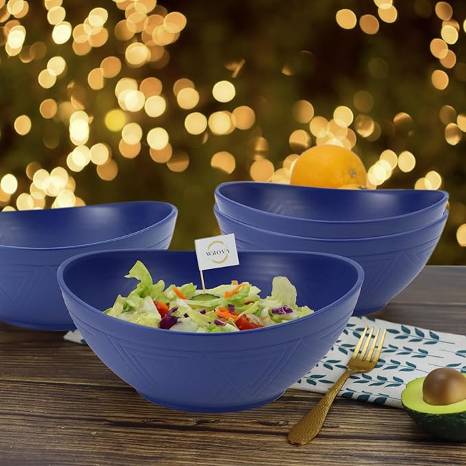 Wrova 65oz Large Salad Bowls Deep Blue - Wheat Straw Serving Bowls Set of 4 - Unbreakable Serving Bowls Dishware & Microwave Safe - BPA Free Bowl for kitchen,camping