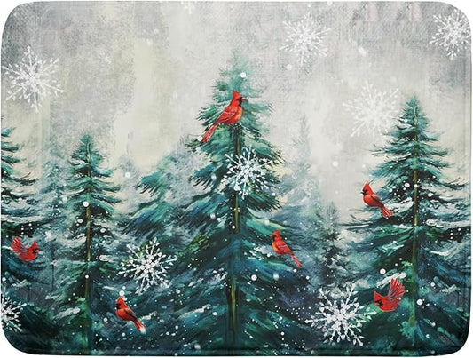 Pine Tree Dish Drying Mat for Kitchen Countertop Red Bird Dishes Mats Winter Decorative Absorbent Reversible Drainer Rack Pad 18x24 Inch