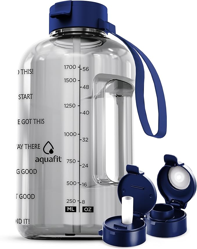 AQUAFIT Half Gallon Water Bottle with Time Marker - Straw & Chug Lid - BPA Free Gym Water Bottle with Straw - Big Gallon Jug (Clarity, 64 oz - 2 Lids)