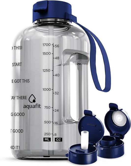 AQUAFIT Half Gallon Water Bottle with Time Marker - Straw & Chug Lid - BPA Free Gym Water Bottle with Straw - Big Gallon Jug (Clarity, 64 oz - 2 Lids)