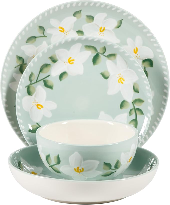 Bloomhouse Magnolia Bloom 16 Piece Double Bowl Hand Painted Stoneware Plates and Bowls Floral Dinnerware Set