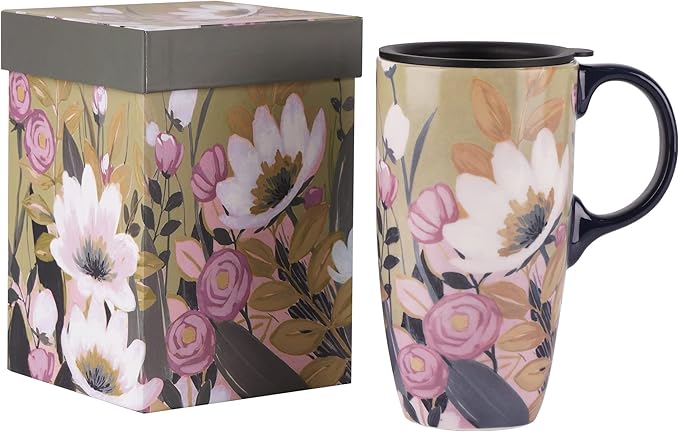 Topadorn Ceramic Mug Coffee Cups with Spill-Proof Lid Latte Mugs for Home and Office with Gift Box,White and Pink Flowers