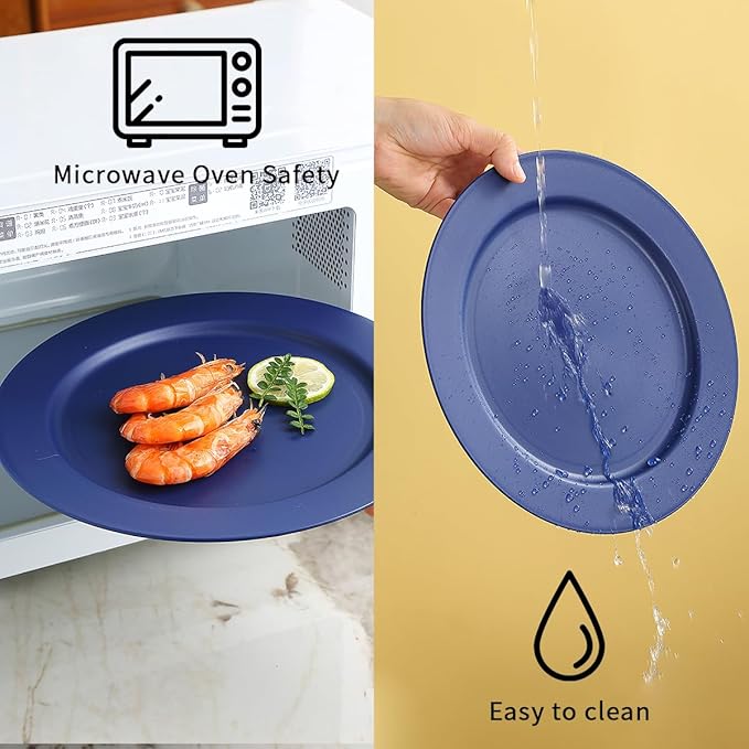 Berglander Plastic Plates Set of 8 Pieces 10", Blue Reusable Flat Dinner Plates, Salad Plates, Pasta Bowls, Dishes Set Easy to Carry for Home, Garden, Picnic, Camping, Outdoor