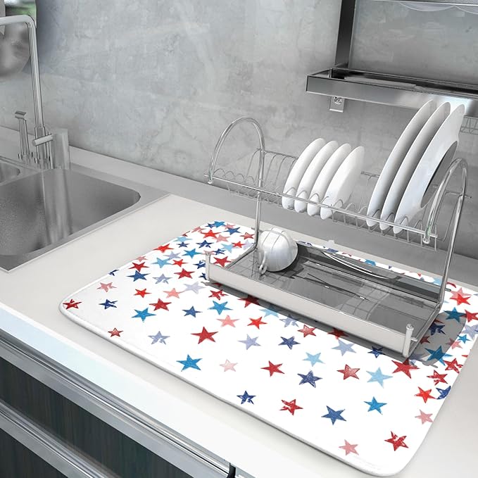 4th of July Dish Drying Mat for Kitchen Counter Patriotic Holiday Microfiber Absorbent Dish Draining Reusable Washable Foldable Extra Large 18"x24"