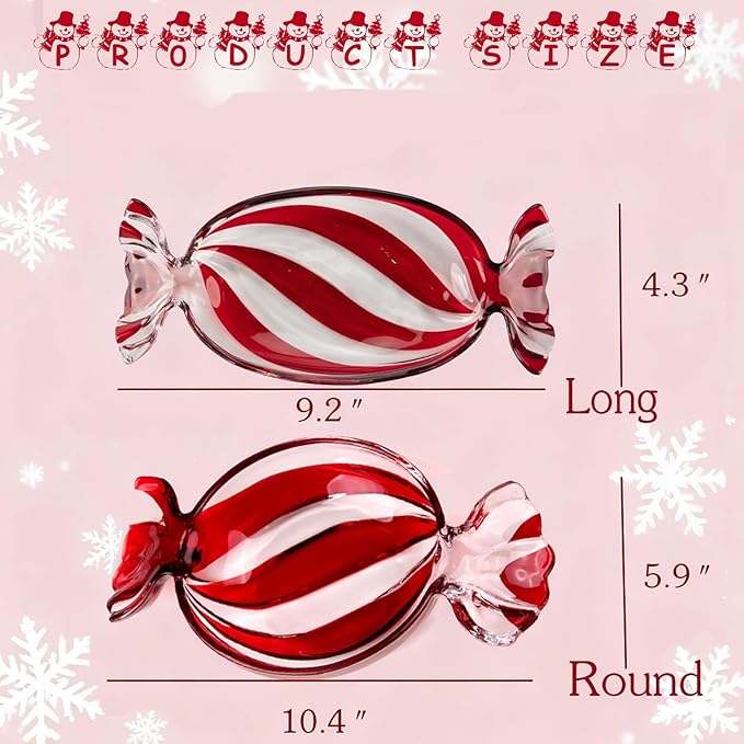 Christmas Dish, Red Set of 2 Glass Candy Platter Serving Dessert Plates, Christmas Dinnerware Tray Decorative Plates for Xmas Holiday Party Favor, Long & Round